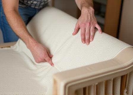 Detailed view of hands skilfully stretching fabric over sofa frame during the upholstery process, showing webbing and padding layers.