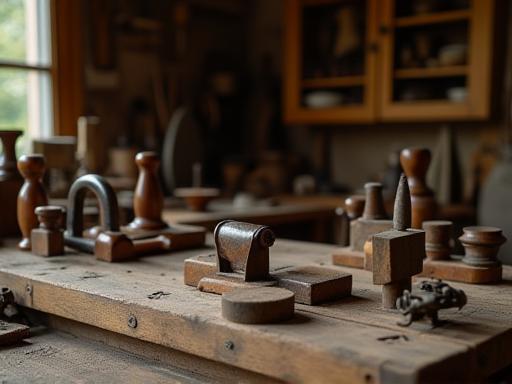 Detailed view of woodworking tools and benches inside Dubois Furniture Workshop.